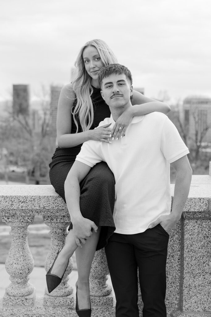 Salt Lake engagement photography portrait with woman resting arm on fiancé