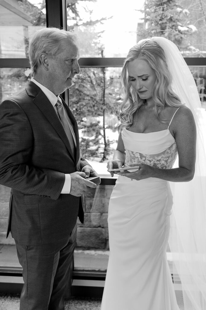 Bride and father share a quiet emotional moment before the Jackson Hole Cloudveil wedding ceremony