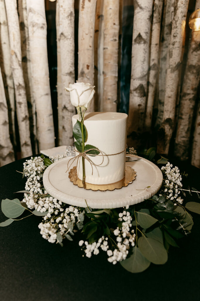 Minimalist two-tier white wedding cake with baby's breath and rose decor at the reception.