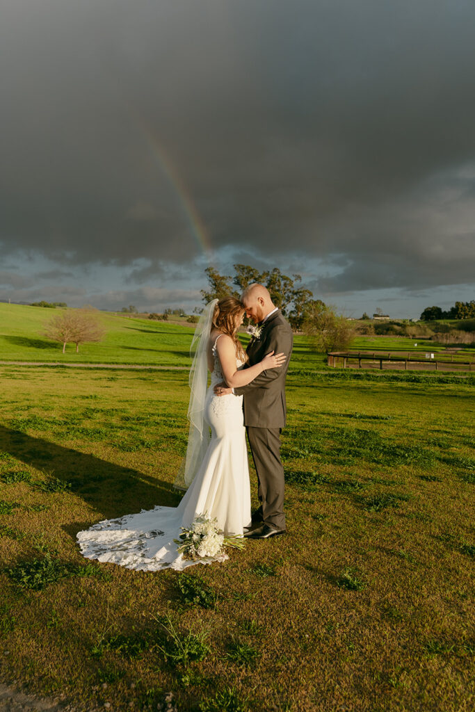 Romantic rainbow stretches over newlyweds in a wide field after their Sonoma County destination wedding.
