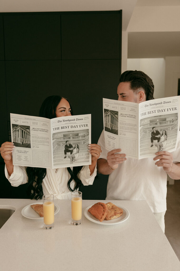 Custom wedding newspaper and breakfast toast for Cartagena destination luxury elopement morning