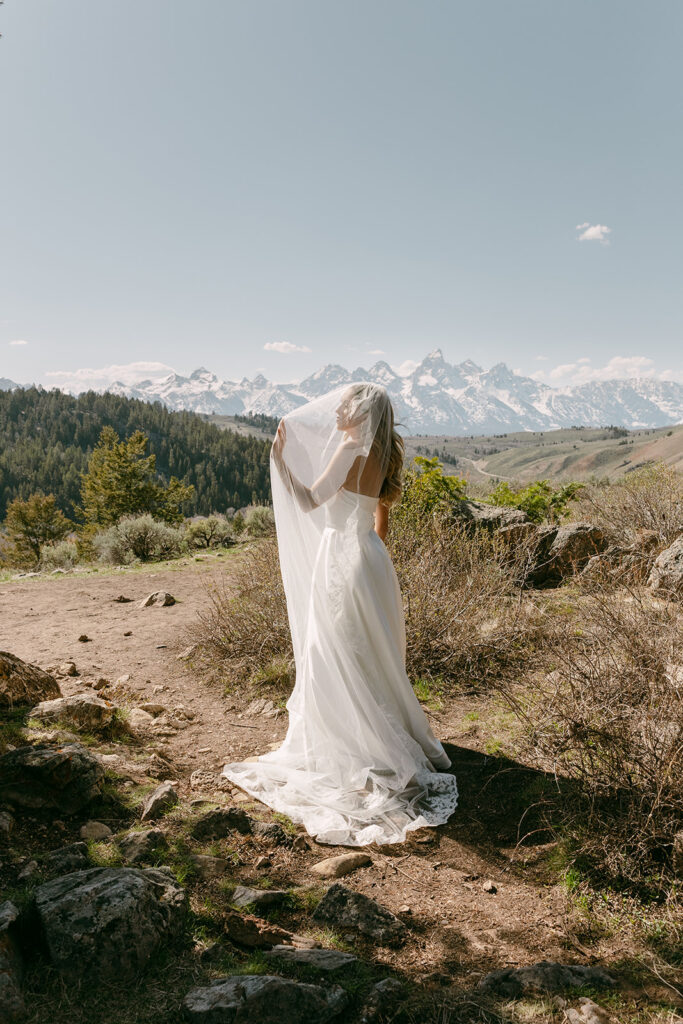 Bride holding her veil in sunlight with snow-capped mountains in the distance.