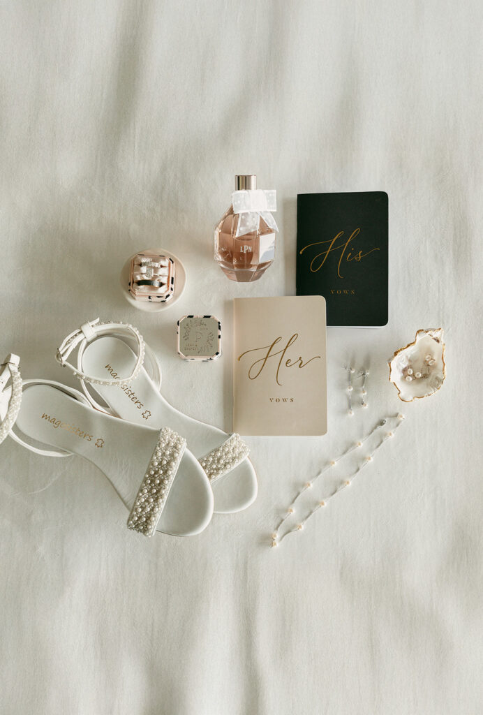 Elegant bridal details flat lay for Grand Teton elopement