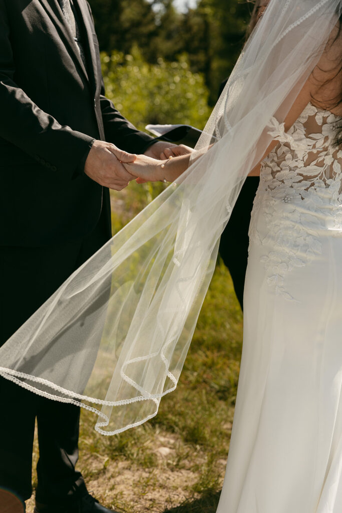 Bride and groom hold hands during scenic elopement ceremony