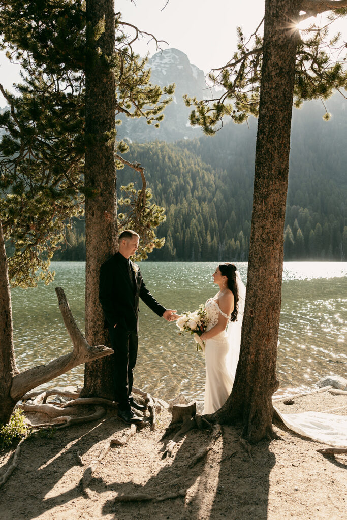 Bride and groom hold hands in front of Snake River