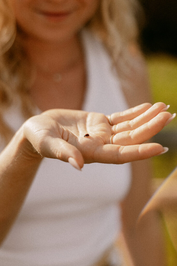 A ladybug lands on woman's hand in Grand Teton national park