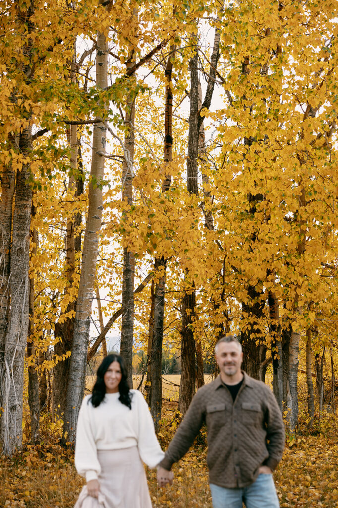 Couple holding hands in front of tall autumn aspens during their Grand Tetons engagement photography session.