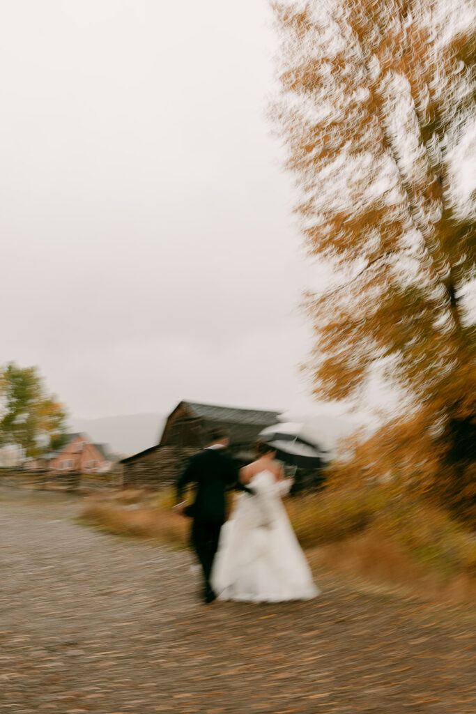 Emotive blurry capture with bride and groom walking in Grand Teton National Park.