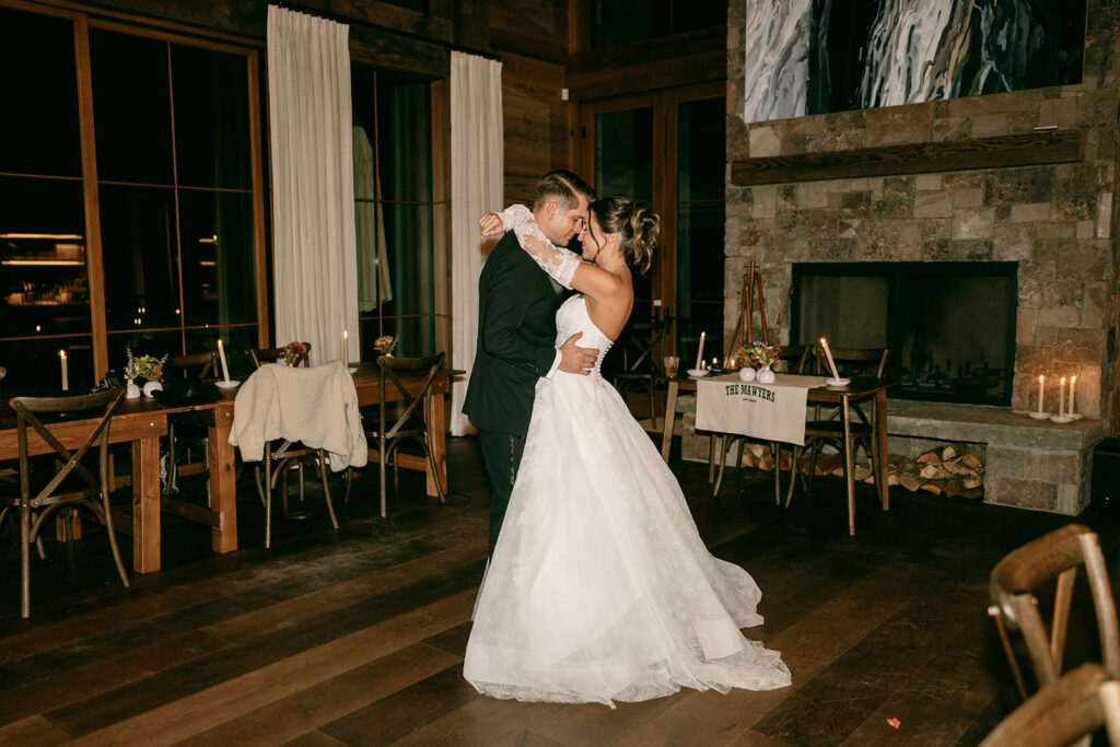 Bride and groom share a private dance before Grand Teton wedding day reception.
